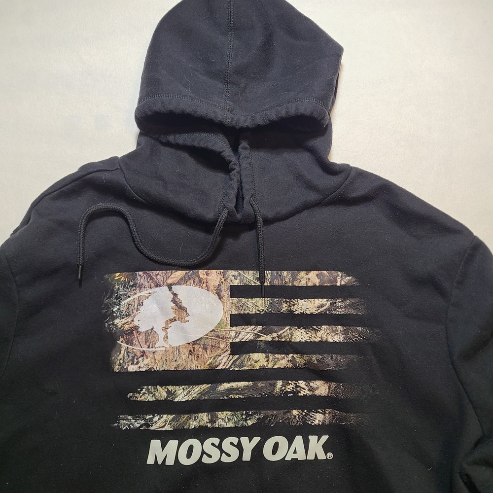 Mossy Oak Men's 2XL Black Camo Flag Hunting Pullover Hoodie Sweatshirt CabinCore